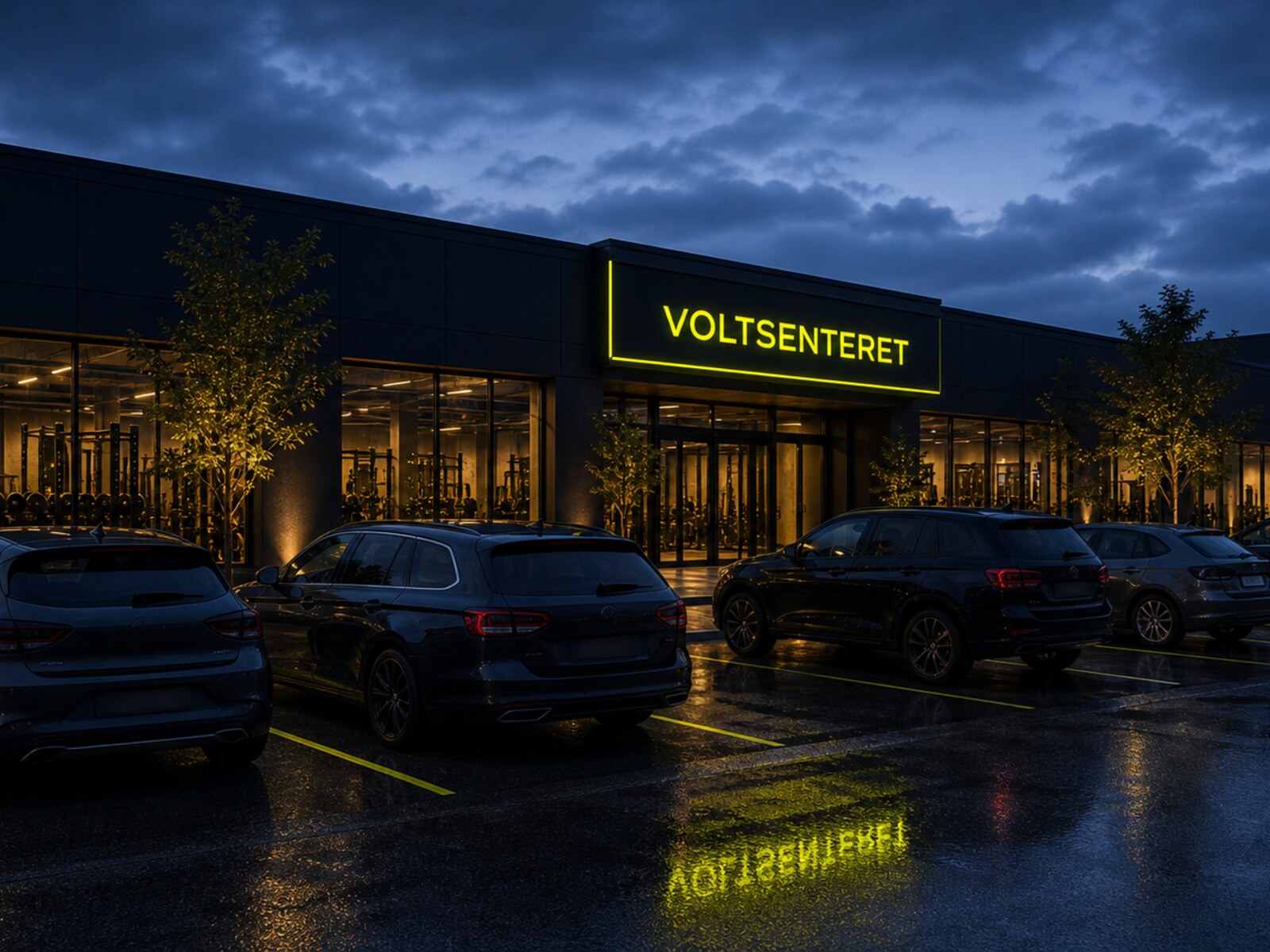 Parkeringsplass med biler i skumringen