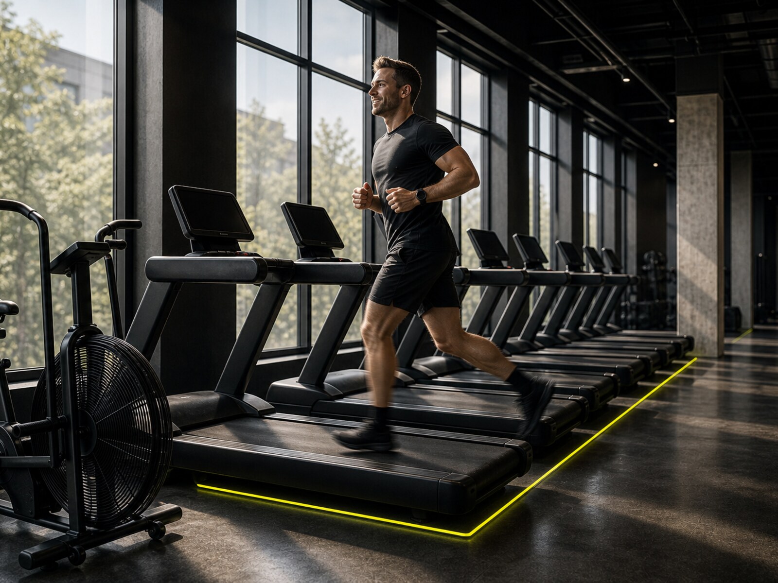 Rekke med tredemøller ved store vinduer i cardio-sonen
